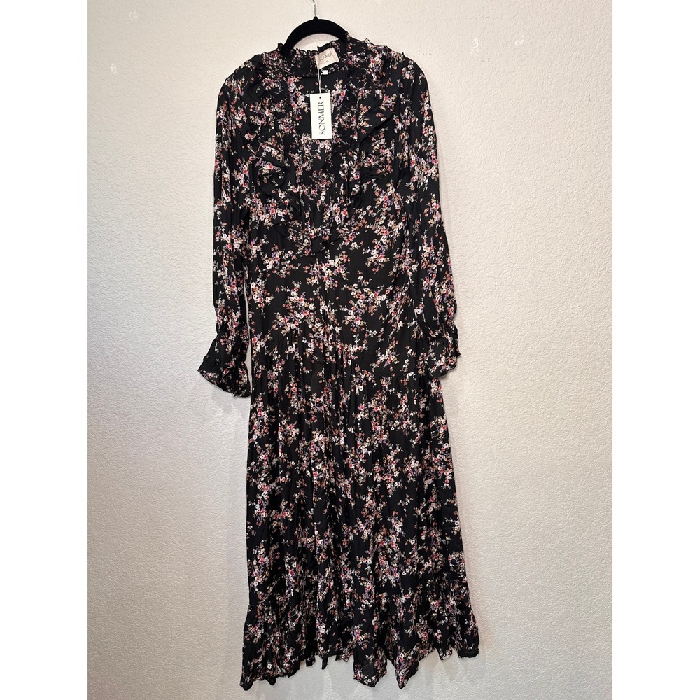 Sonmer Floral Maxi Dress Womens XL Black Long Sleeve Ruffle V-Neck Tiered New